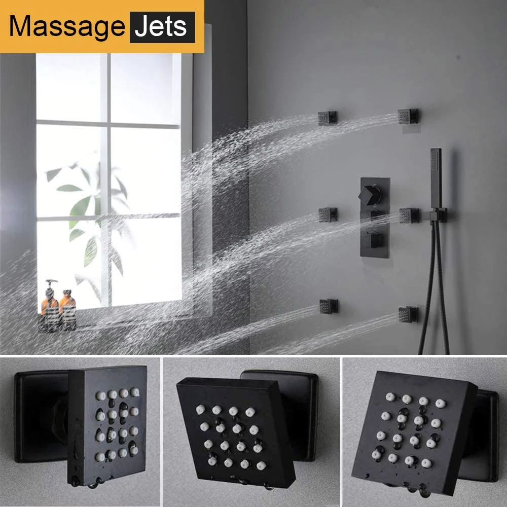 Matte Black Shower System Multi Rain Head, 16 Inch Ceiling Large Rainfall Square Faucet, 6 PCS Full Body Spray Jets, Extra Long Hose Handheld