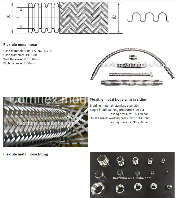 1/4-12" SS304 316 Corrugated Stainless Steel Braided Flexible Metal Tubing Pipe Hoses for Cooling or Heating Steam, Hydrocarbons, Gases^