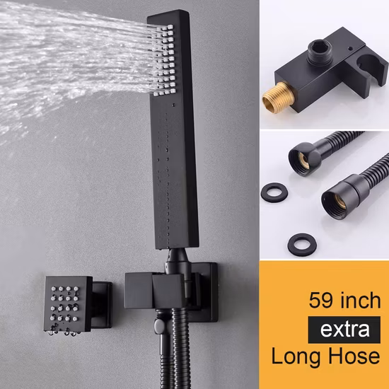 Sistema de chuveiro preto fosco multi-chuveiro, torneira quadrada grande de teto de 16 polegadas, 6 jatos de spray de corpo inteiro, mangueira extra longa portátil
